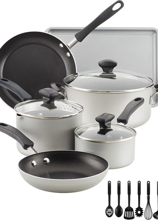 Farberware Cookstart DiamondMax Nonstick Cookware/Pots and Pans Set, Dishwasher Safe, Includes Baking Pan and Cooking Tools, 15 Piece - Silver
