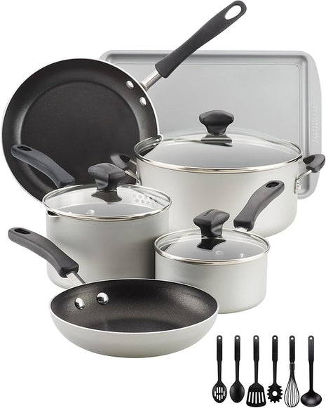 Farberware Cookstart DiamondMax Nonstick Cookware/Pots and Pans Set, Dishwasher Safe, Includes Baking Pan and Cooking Tools, 15 Piece - Silver