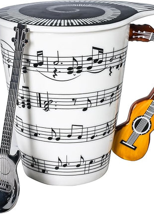 Guitar Novelty Mug Unique Musical Gift Coffee Cup with Cool Music Themed Lid & Guitar Handle Design & Guitar Spoon, Great Gifts for Music Teachers,&guitarLoversfor Holidays,Fathers Day,Men,Woman
