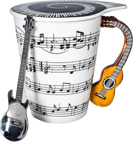 Guitar Novelty Mug Unique Musical Gift Coffee Cup with Cool Music Themed Lid & Guitar Handle Design & Guitar Spoon, Great Gifts for Music Teachers,&guitarLoversfor Holidays,Fathers Day,Men,Woman