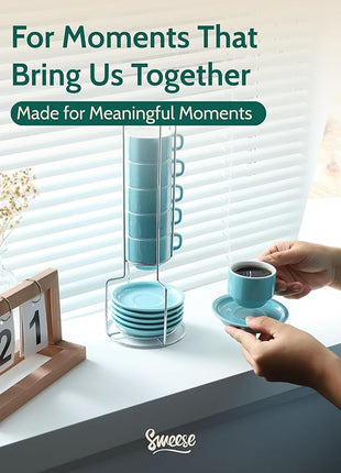 Sweese 2.5 Ounce Porcelain Stackable Espresso Cups with Saucers and Metal Stand Set of 4, Turquoise