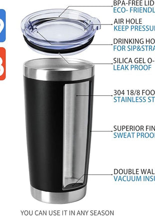 HASLE OUTFITTERS 20oz Tumblers Bulk Stainless Steel Cups with Lid Double Wall Vacuum Insulated Coffee Mugs for Cold & Hot Drinks 1 Pack, Black