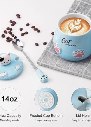 Cute Cat Mug, Novelty Ceramic Coffee Tea Milk Cup with Lovely Kitty Lid, Kawaii Claw Spoon, Anime Coaster, Novelty Things Birthday Christmas Gift for Cat Lovers Women Her, 14 oz, Blue