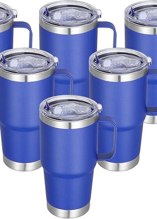 20 oz Stainless Steel Tumbler with Handle Bulk Metal Insulated Tumblers Travel Coffee Mug with Handle Double Wall Tumbler Cup with Lid and Straw, Blue 6 Pack