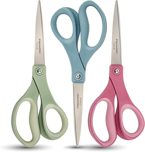 Fiskars SoftGrip Titanium Scissors - Contoured Performance All Purpose - 8" Titanium - Straight Paper Scissors for Office, and Arts and Crafts - 3-Count