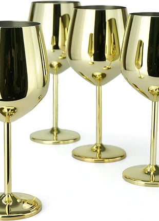 PG Set of 4 Stainless Steel Wine Glass - 18.5oz Gold Wine Glasses - Unbreakable Wine Glasses - Stem Metal Wine Goblets