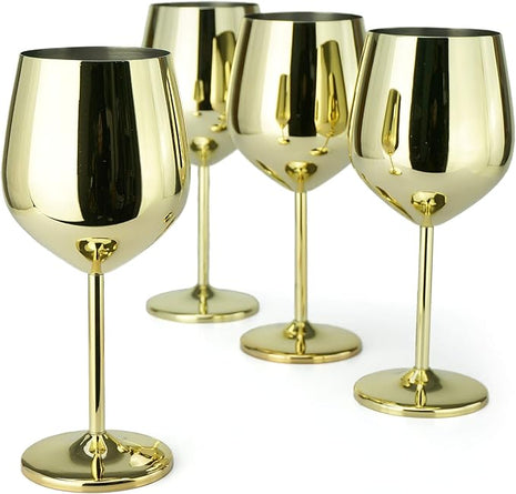 PG Set of 4 Stainless Steel Wine Glass - 18.5oz Gold Wine Glasses - Unbreakable Wine Glasses - Stem Metal Wine Goblets
