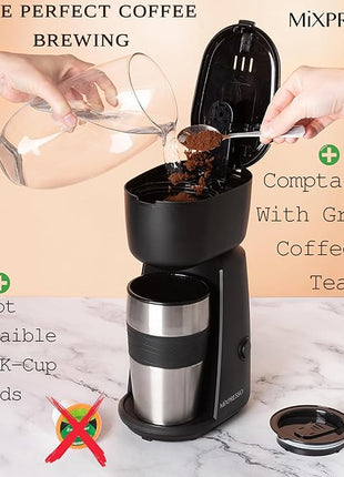 Mixpresso Personal Single Serve Coffee Maker & 14oz Travel Mug, Drip Small Coffee Maker & Tumbler, Auto Shut Off & Reusable Filter, Compatible with Coffee Grounds