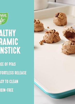 GreenLife 13" x 9" Quarter Sheet Baking Pans, 2 Piece Bakeware Set, PFAS-Free Ceramic Nonstick Rectangular Cookie Trays, Oven Safe to 450°F, Even Heating, Easy Clean Ovenware, Turquoise