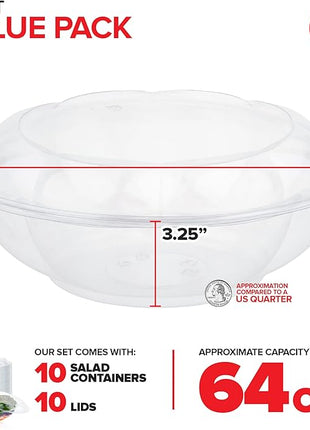 Stock Your Home 64oz Clear Plastic Salad Bowls with Lids Disposable (10 Pack) Extra Large Takeout Container with Snap on Lid for Fruit Salads, Lunch, Meal Prep, Acai Bowl, To-Go Party Containers