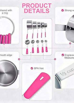 Measuring Cups and Spoons Set Stainless Steel 10 Piece for Cooking and Baking (5 Cups + 5 Spoons, Pink Handle)
