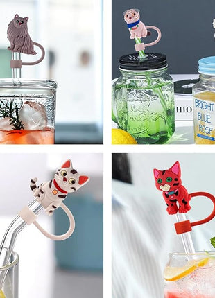 Velaco 10Pcs 0.4in/10mm Diameter Silicone Straw Covers Cap Compatible with Stanley 20 30&40 Oz Cup, Cute Cat Straw Toppers for Stanley 40 Oz Tumbler with Handle, Dust-Proof Straw Caps for Water Bottle