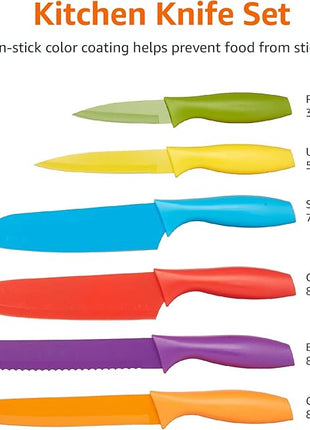 Amazon Basics Color-Coded Dishwasher Safe Kitchen 12-Piece Knife Set, 6 Knives with 6 Blade Guards, Multicolor, 13.88 x 4.13 x 1.38 inch