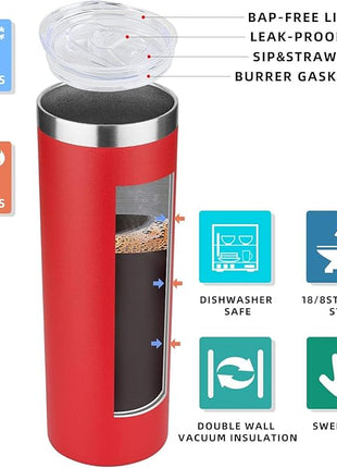 HASLE OUTFITTERS 20 oz Skinny Tumblers Bulk Set, Stainless Steel Insulated Slim Tumblers with Lids, Reusable Double Wall Travel Coffee Mugs, Durable Powder Coated Travel Water Cups(Red, 8)
