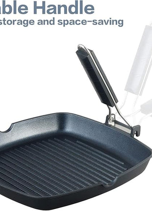 SKITCHN Grill Pan With Folding Handle, Nonstick for Stove Tops, Induction Compatible KBBQ With Pour Spouts, Indoor Square BBQ Grilling - 9IN