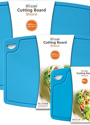 Liflicon Silicone Thick Cutting Boards Mats Set of 3pcs Foldable & Flexible Design Juice Grooves Easy Grip Handle Dishwasher Safe for Kitchen,BPA free Chif-Blue