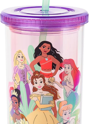 Silver Buffalo Disney Princess Featuring Moana, Rapunzel, Ariel, Tiana, Belle, and Cinderella Plastic Tall Cold Cup with Lid and Straw, 20 Ounces