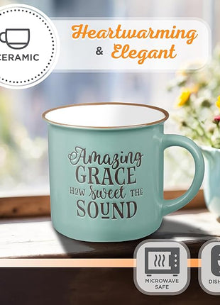 Christian Art Gifts Mint Green Camp Style Ceramic Coffee Mug – 13 oz. Microwave and Dishwasher Safe Novelty Drinkware Inspirational Scripture Coffee and Tea Mug with Worship Hymn Song: Amazing Grace