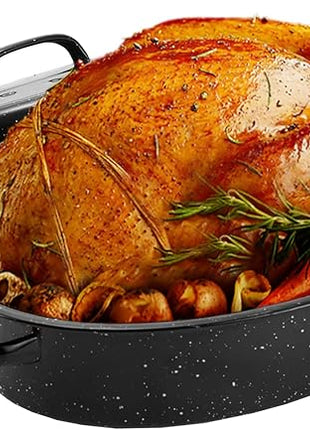 JY COOKMENT 15.7" Enameled Oval Roaster with Domed Lid - For Turkey, Chicken, Ham, Dishwasher Safe