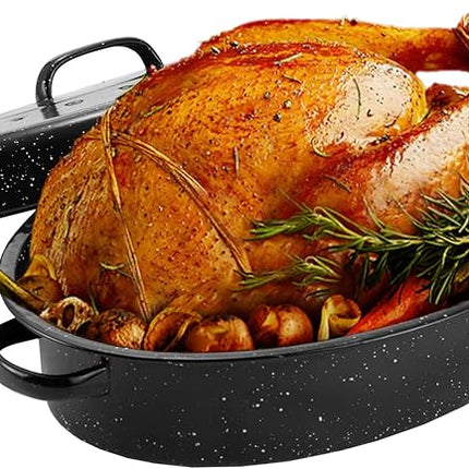 JY COOKMENT 15.7" Enameled Oval Roaster with Domed Lid - For Turkey, Chicken, Ham, Dishwasher Safe