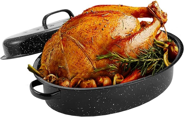 JY COOKMENT 15.7" Enameled Oval Roaster with Domed Lid - For Turkey, Chicken, Ham, Dishwasher Safe
