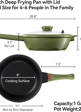 TIBORANG 8 in 1 Multipurpose 11 Inch 5 Quart Heat Indicator Nonstick Deep Frying Pan with Glass Lid,Steamed Grid,PFOA-Free,Dishwasher&Oven Safe,Works with All Stovetops (Olivedrab)
