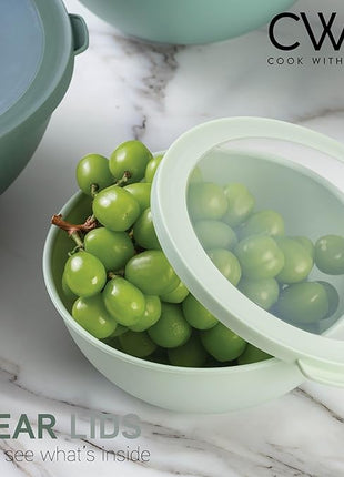 COOK WITH COLOR Mixing Bowls with TPR Lids - 12 Piece Plastic Nesting Bowls Set includes 6 Prep Bowls and 6 Lids - Microwave Safe (Sage)