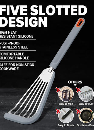 Silicone Fish Spatula Turner Set of 2, Thin Slotted Spatulas Turner for Nonstick Cookware,Heat Resistant Flexible Stainless Steel Kitchen Cooking Spatula Flipper for Fish, Egg, Pancake (KG)