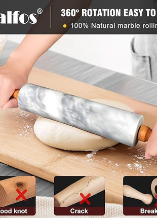 Walfos Marble Rolling Pin With Wooden Handles & Wood Cradle, 16.5 Inch Marble Rolling Pins For Making Pizza Dough And Tortillas, Dough Roller For Pie Crust, Cookie, Pasta (Gray & White)