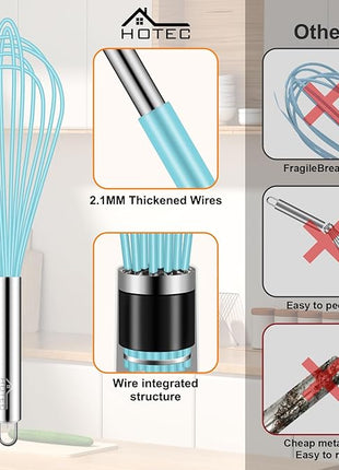 HOTEC 4 Pieces Silicone Whisks Set, Wire Balloon Whisks Egg Beater, Non-slip Handle Whisk for Non-stick Cookware Perfect for Cooking, Stirring, Beating and Blending (Blue)