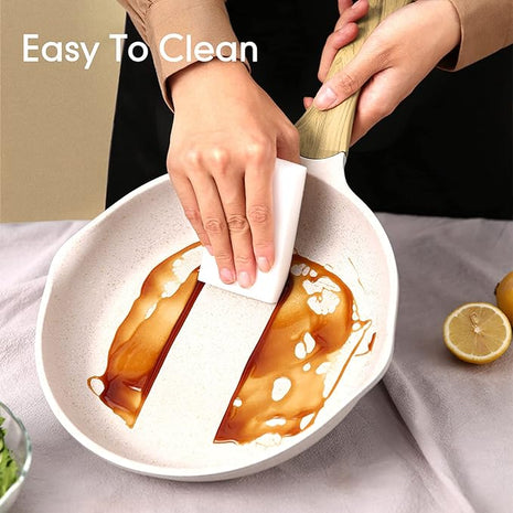 JEETEE 8 Inch Nonstick Frying Pan, Stone Coating Cookware, Nonstick Omelette Pan with Heat-Resistant Handle, Compatible with All Stoves (Beige)