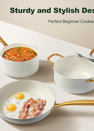 Pots and Pans Set Non Stick, 7 Piece White Granite Induction Cookware Set, Nonstick Kitchen Cooking Set with Gold Handle and Utensil, Oven Safe (PFOS, PFOA Free)