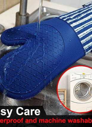 Silicone Oven Mitts Heat Resistant 932℉ with Waterproof & Non-Slip Kitchen Mittens, Set of 2 Extra Long Oven Gloves with Soft Cotton Terry Lining for Baking Cooking Barbecue (Cobait Blue, 2)