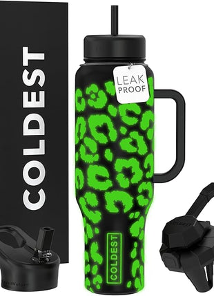 Coldest Tumbler with Handle and Straw, 100% Leak Proof Insulated Tumbler with Lid and Straw (3 Lids), Stainless Steel Tumblers for Women & Men, Cup Holder Friendly, 46 oz (Glowie Leopard)