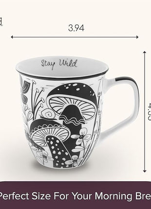 Karma Gifts 14 oz Black and White Boho Mug Mushroom - Cute Coffee and Tea Mug - Ceramic Coffee Mugs for Women and Men