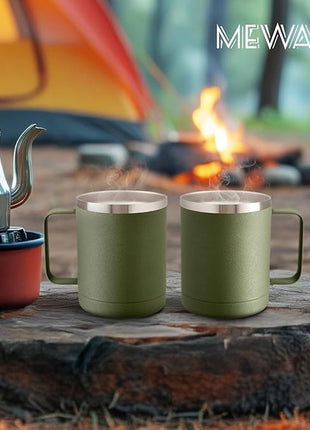 MEWAY 12oz Coffee Mug With Handle 8 Pack Bulk,Stainless Steel Insulated Travel Tumblers With Sliding Lid,Double Wall Vacuum Camping Cup for Hot & Cold Drinks Tea (Army Green,Set of 8)