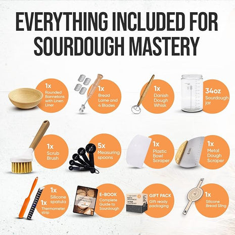 Complete Sourdough Starter Kit and Sourdough Bread Baking Supplies - Includes 9" Banneton Proofing Basket, 34oz Sourdough Starter Jar, Silicone Bread Sling, Scrapers, Bread Lame and Measuring Spoons