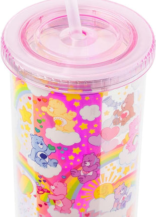 Silver Buffalo Care Bears Rainbow Stars Featuring Funshine, Grumpy, Cheer, Tenderheart Iridescent Plastic Tall Cold Cup With Lid and Straw, 20 Ounces