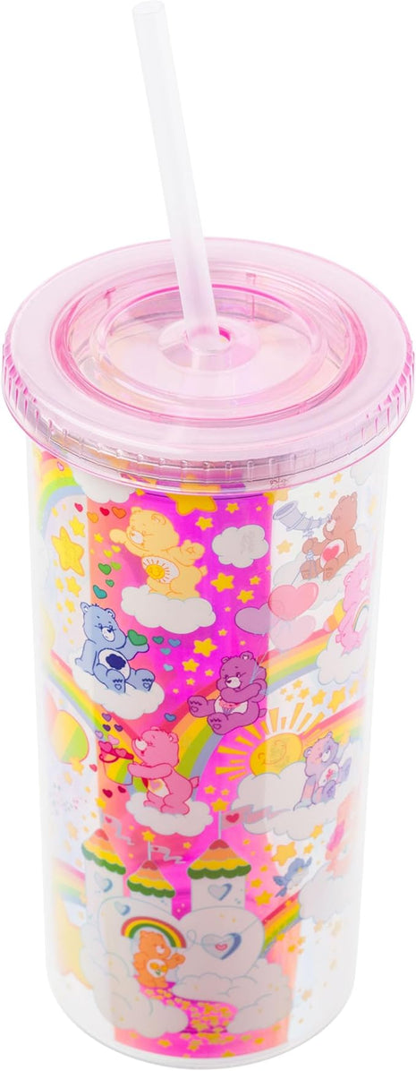 Silver Buffalo Care Bears Rainbow Stars Featuring Funshine, Grumpy, Cheer, Tenderheart Iridescent Plastic Tall Cold Cup With Lid and Straw, 20 Ounces