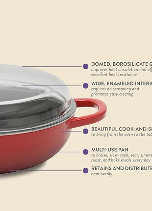 Crock Pot Artisan 5-Quart Enameled Cast Iron Braiser Pan With Borosilicate Glass Lid, Everyday Covered Skillet for Searing, Roasting, and Baking, Red