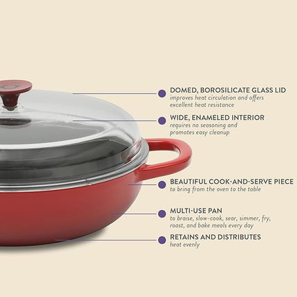 Crock Pot Artisan 5-Quart Enameled Cast Iron Braiser Pan With Borosilicate Glass Lid, Everyday Covered Skillet for Searing, Roasting, and Baking, Red