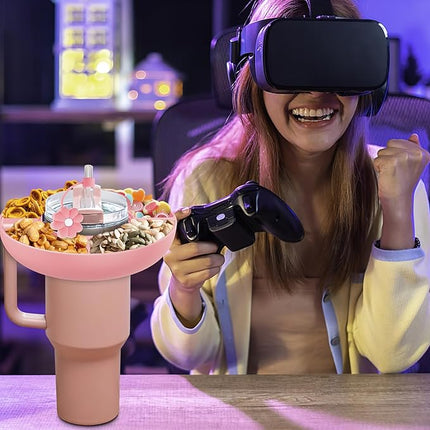 Snack Bowl for Stanley Cup 40 oz with Handle-Perfectly Compatible with Stanley Quencher H2.0 Tumbler 40 oz with Handle, Reusable Silicone Snack Tray, Stanley cup accessories (Pink Snack Bowl)