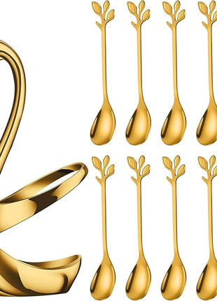 AnSaw Gold Small Coffee Spoon Holder Set,Swan Base With 10 Pcs Demitasse Espresso Spoons Set,4.7" Mini Leaf Dessert Spoon,Stainless Steel Tea Spoons