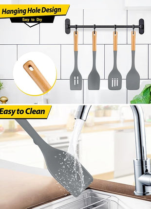 Pack of 4 Silicone Kitchen Utensils Set, Non Stick Solid Spatulas and Heat Resistant Slotted Spoons with Wooden Handle, Ideal BPA Free Cooking Utensils for Mixing,Serving,Turning,Stirring(GRAY)