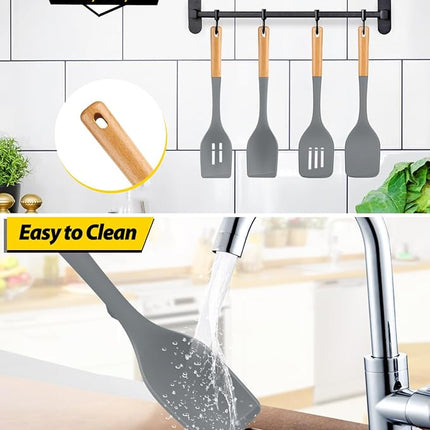 Pack of 4 Silicone Kitchen Utensils Set, Non Stick Solid Spatulas and Heat Resistant Slotted Spoons with Wooden Handle, Ideal BPA Free Cooking Utensils for Mixing,Serving,Turning,Stirring(GRAY)