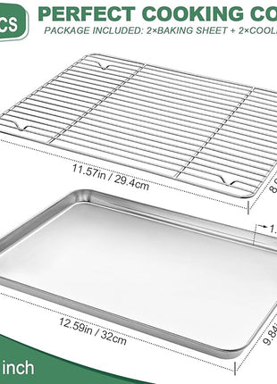 Stainless Steel Baking Sheets with Rack, HKJ Chef Cookie Sheets and Nonstick Cooling Rack & Baking Pans for Oven & Toaster Oven Tray Pans, Rectangle Size 12.5L x 10W x 1H inch & Non Toxic & Healthy