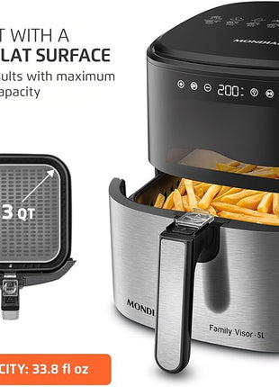 Mondial - Air Fryer Digital Visor Inox 5.3QT Capacity - High Power & Elegant Stainless Steel Finish - Black & Inox