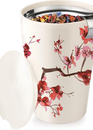 Tea Forte Double-Walled Ceramic Kati Cup, Removable Stainless Steel Infuser Basket and Lid, Steeps 12 oz Loose Leaf Tea, Dishwasher & Microwave Safe, Cherry Blossom