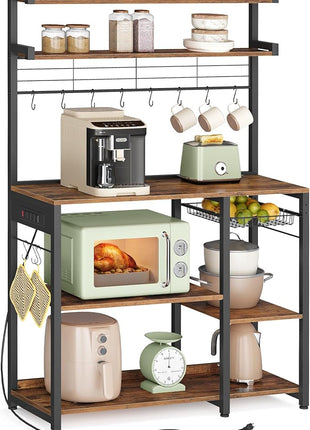 VASAGLE Bakers Rack with Power Outlet, 35.4 Inches Microwave Stand, Coffee Bar, 4 AC Outlets, with Adjustable Shelves, 8 S-Hooks, Basket, Spice Racks, Rustic Brown and Ink Black UKKS031K01