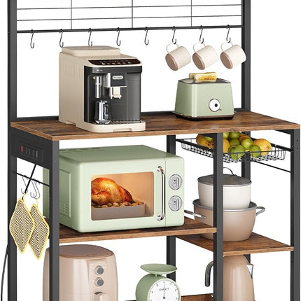 VASAGLE Bakers Rack with Power Outlet, 35.4 Inches Microwave Stand, Coffee Bar, 4 AC Outlets, with Adjustable Shelves, 8 S-Hooks, Basket, Spice Racks, Rustic Brown and Ink Black UKKS031K01